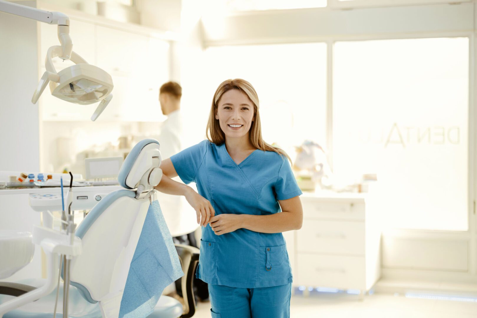 Dentist smiling in a dental clinic.