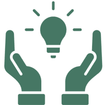 Hands holding a light bulb icon.