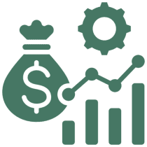Money bag, graph, and gear icon illustration.
