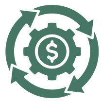 Gear with dollar sign and circular arrows.