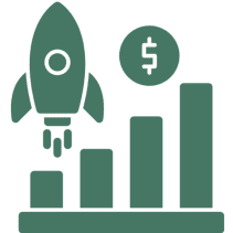 Rocket and bar graph with dollar sign.